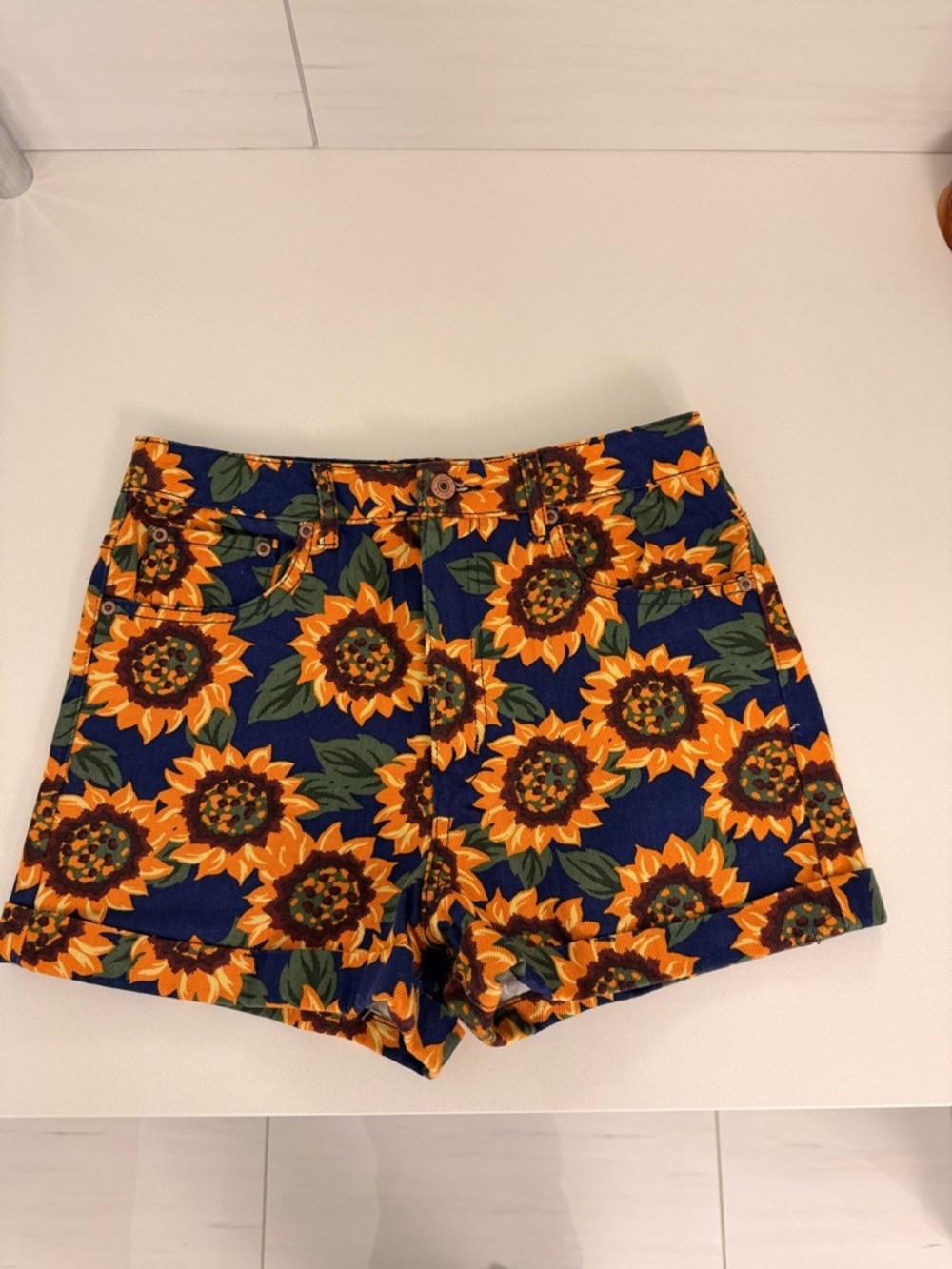 Forever 21 Navy Sunflower Print Jean Shorts